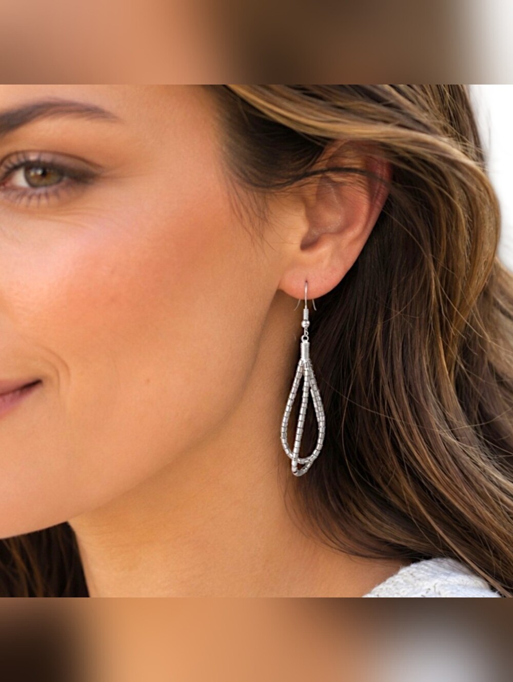 Silver Tone Seed Bead Hoop Earrings Pierced Teardrop Festival Boho Indie Vintage
